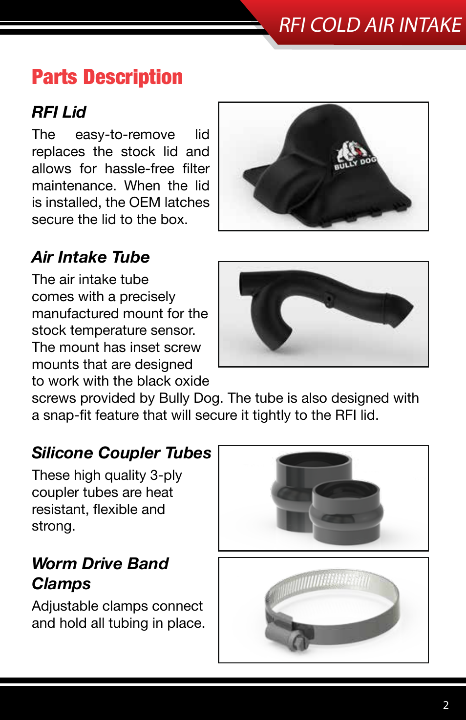 Rfi cold air intake, Parts description | Bully Dog 51205 Rapid Flow Induction (RFI) Cold Air Intake User Manual | Page 3 / 12