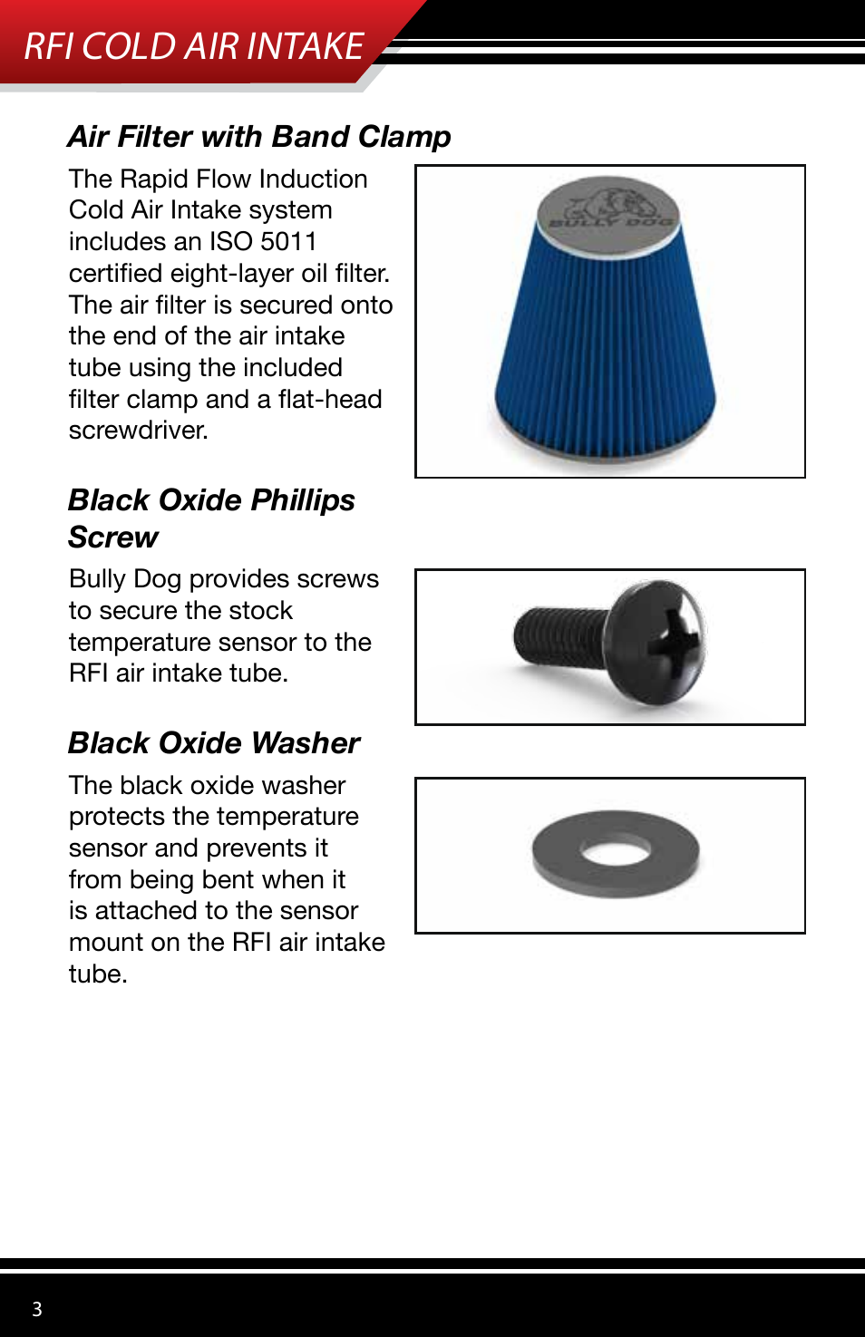 Rfi cold air intake, Air filter with band clamp, Black oxide phillips screw | Black oxide washer | Bully Dog 51205 Rapid Flow Induction (RFI) Cold Air Intake User Manual | Page 4 / 12