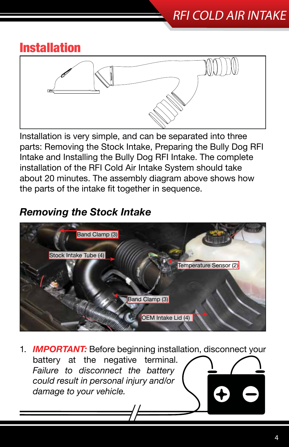 Rfi cold air intake, Installation, Removing the stock intake | Bully Dog 51205 Rapid Flow Induction (RFI) Cold Air Intake User Manual | Page 5 / 12