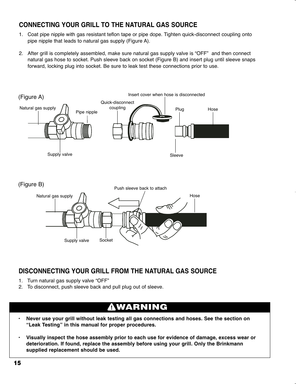 Warning, Connecting your grill to the natural gas source | Brinkmann GRAND ELITE SERIES 4905 User Manual | Page 16 / 28