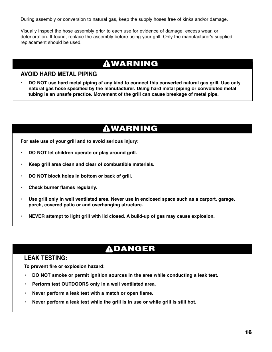 Warning, Danger, Avoid hard metal piping | Leak testing | Brinkmann GRAND ELITE SERIES 4905 User Manual | Page 17 / 28