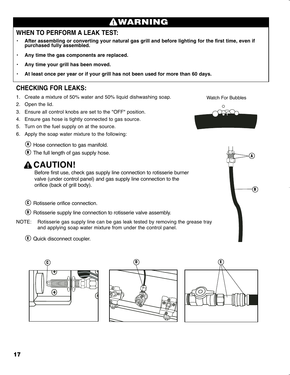 Caution, Warning, When to perform a leak test | Checking for leaks | Brinkmann GRAND ELITE SERIES 4905 User Manual | Page 18 / 28