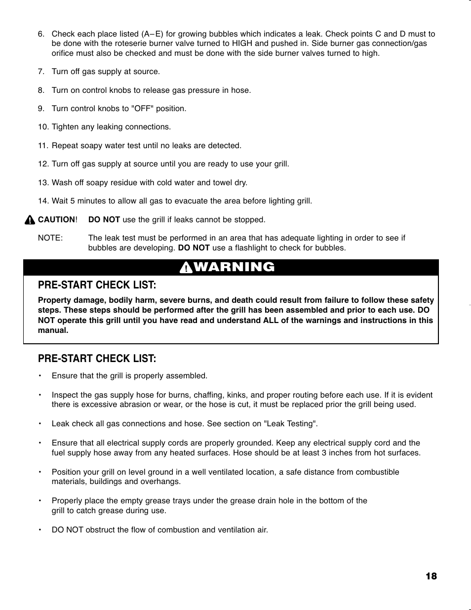 Warning, Pre-start check list | Brinkmann GRAND ELITE SERIES 4905 User Manual | Page 19 / 28