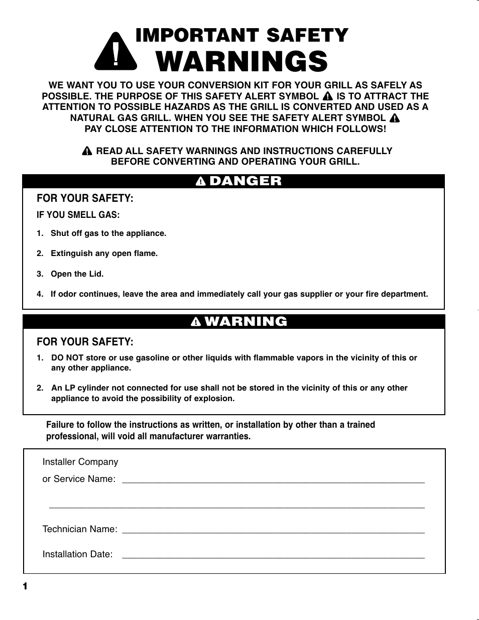 Warnings, Important safety, Danger | Warning | Brinkmann GRAND ELITE SERIES 4905 User Manual | Page 2 / 28