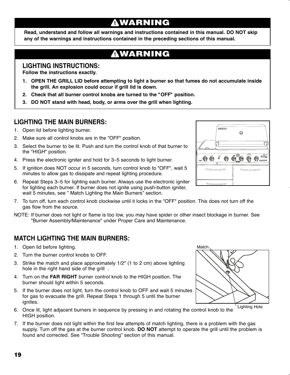 Warning, Lighting instructions, Lighting the main burners | Match lighting the main burners | Brinkmann GRAND ELITE SERIES 4905 User Manual | Page 20 / 28