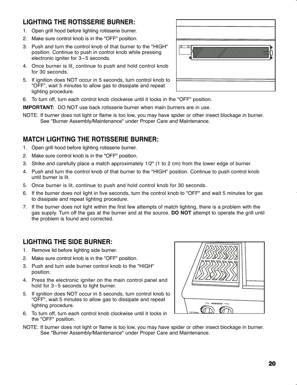 Lighting the rotisserie burner, Match lighting the rotisserie burner, Lighting the side burner | Brinkmann GRAND ELITE SERIES 4905 User Manual | Page 21 / 28