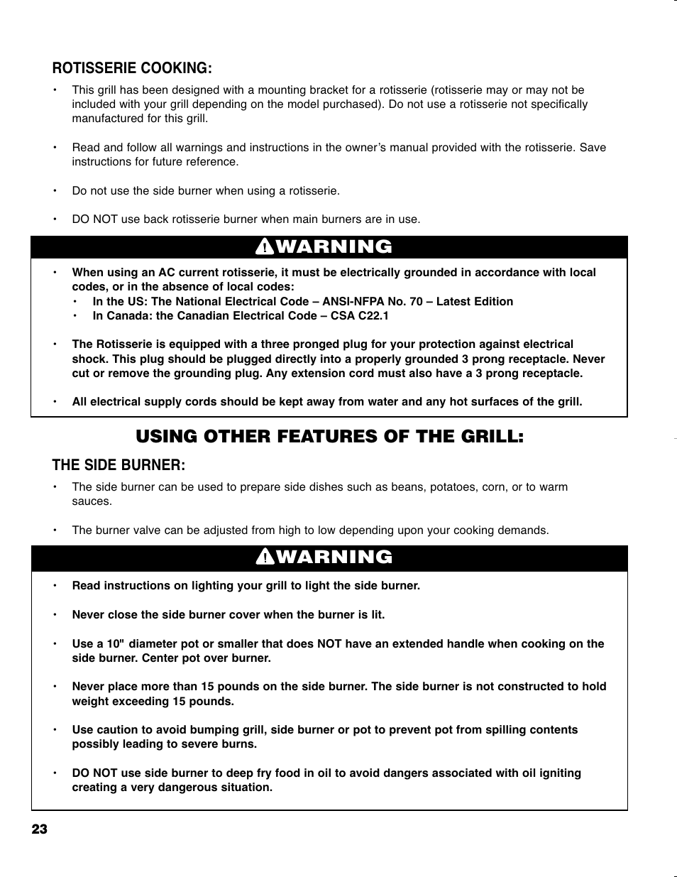 Warning, Using other features of the grill, Rotisserie cooking | The side burner | Brinkmann GRAND ELITE SERIES 4905 User Manual | Page 24 / 28