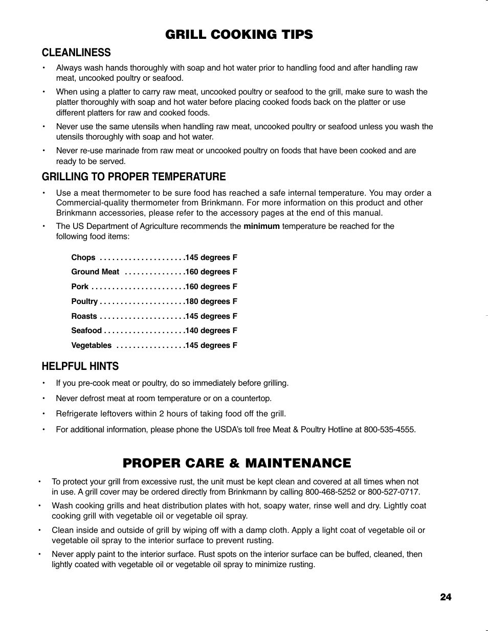 Grill cooking tips, Proper care & maintenance, Cleanliness | Grilling to proper temperature, Helpful hints | Brinkmann GRAND ELITE SERIES 4905 User Manual | Page 25 / 28