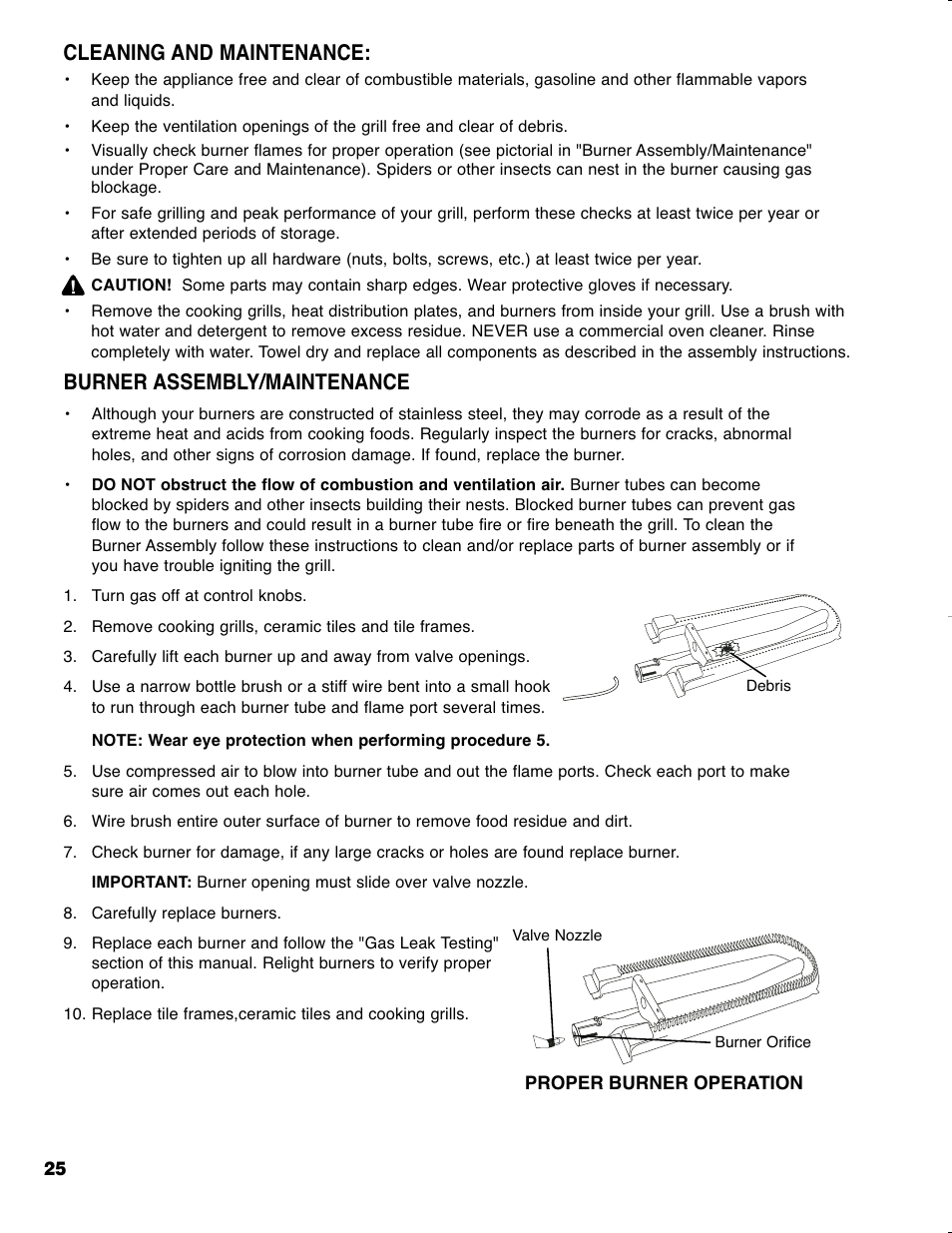 Burner assembly/maintenance, Cleaning and maintenance | Brinkmann GRAND ELITE SERIES 4905 User Manual | Page 26 / 28