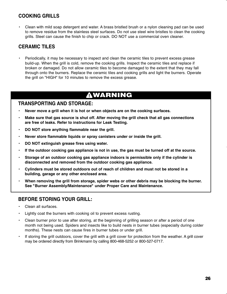 Warning, Transporting and storage, Before storing your grill | Cooking grills, Ceramic tiles | Brinkmann GRAND ELITE SERIES 4905 User Manual | Page 27 / 28