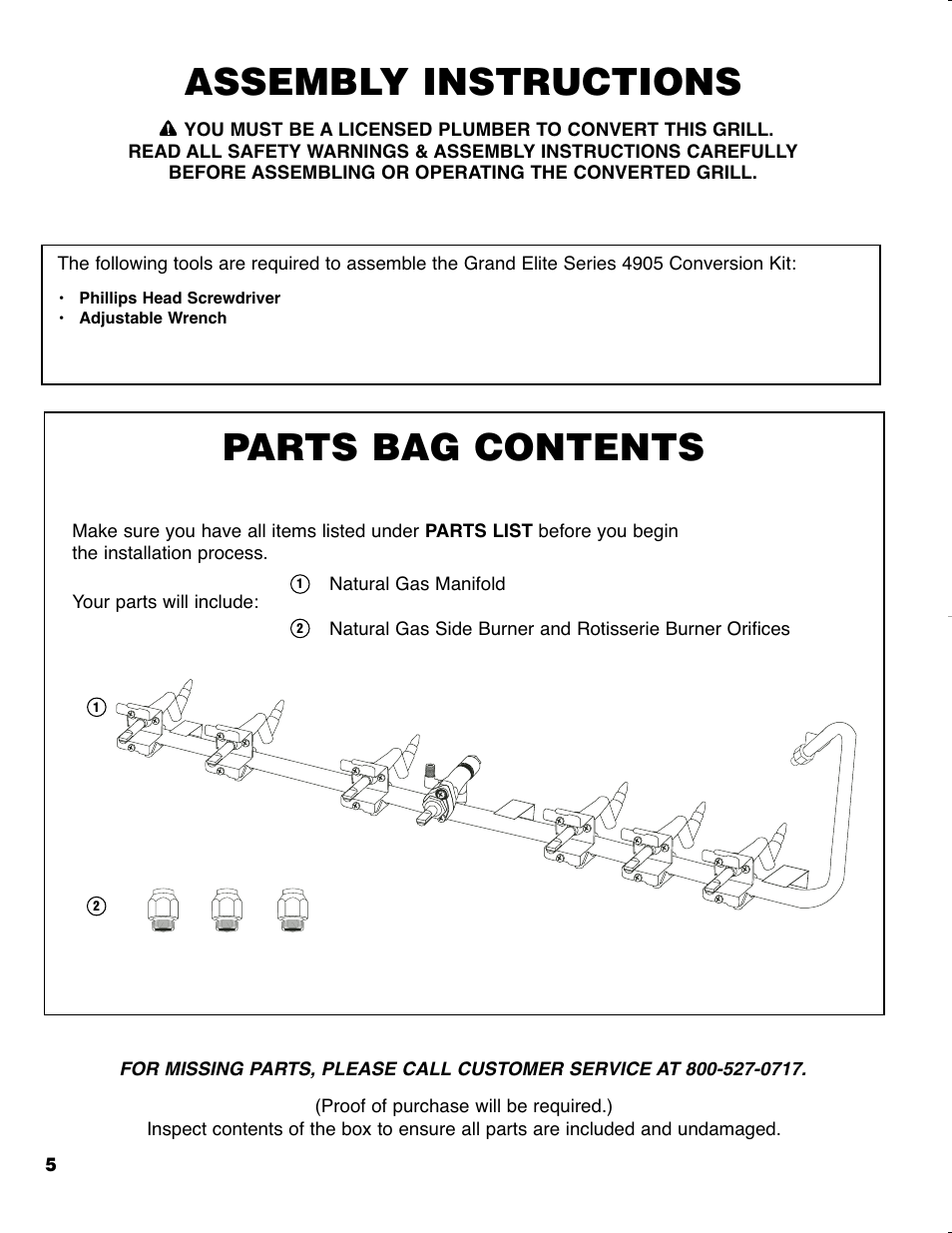 Parts bag contents, Assembly instructions | Brinkmann GRAND ELITE SERIES 4905 User Manual | Page 6 / 28