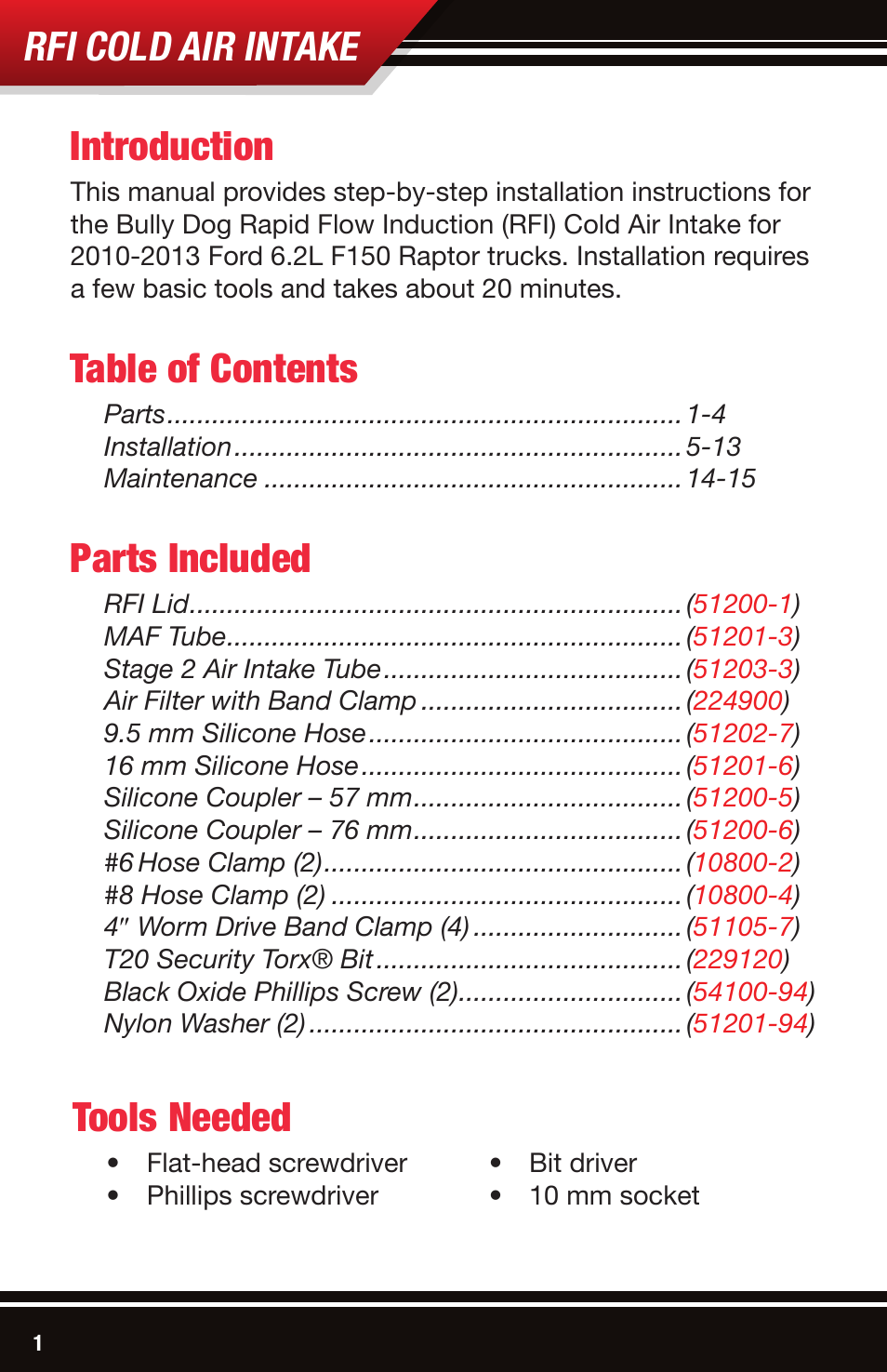 Bully Dog 51203-99 Rapid Flow Induction (RFI) Cold Air Intake User Manual | Page 2 / 20