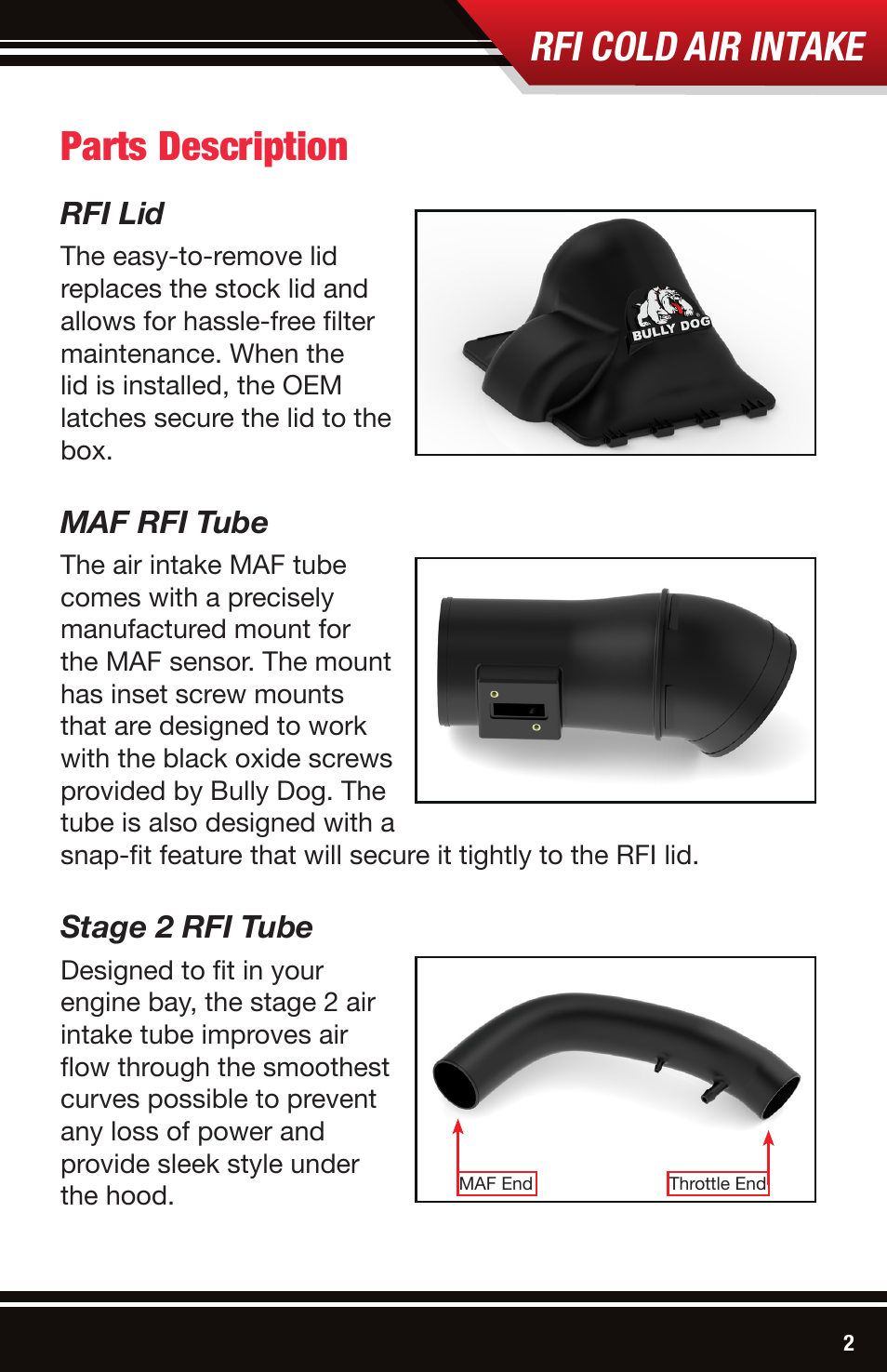 Rfi cold air intake, Parts description, Rfi lid | Maf rfi tube, Stage 2 rfi tube | Bully Dog 51203-99 Rapid Flow Induction (RFI) Cold Air Intake User Manual | Page 3 / 20