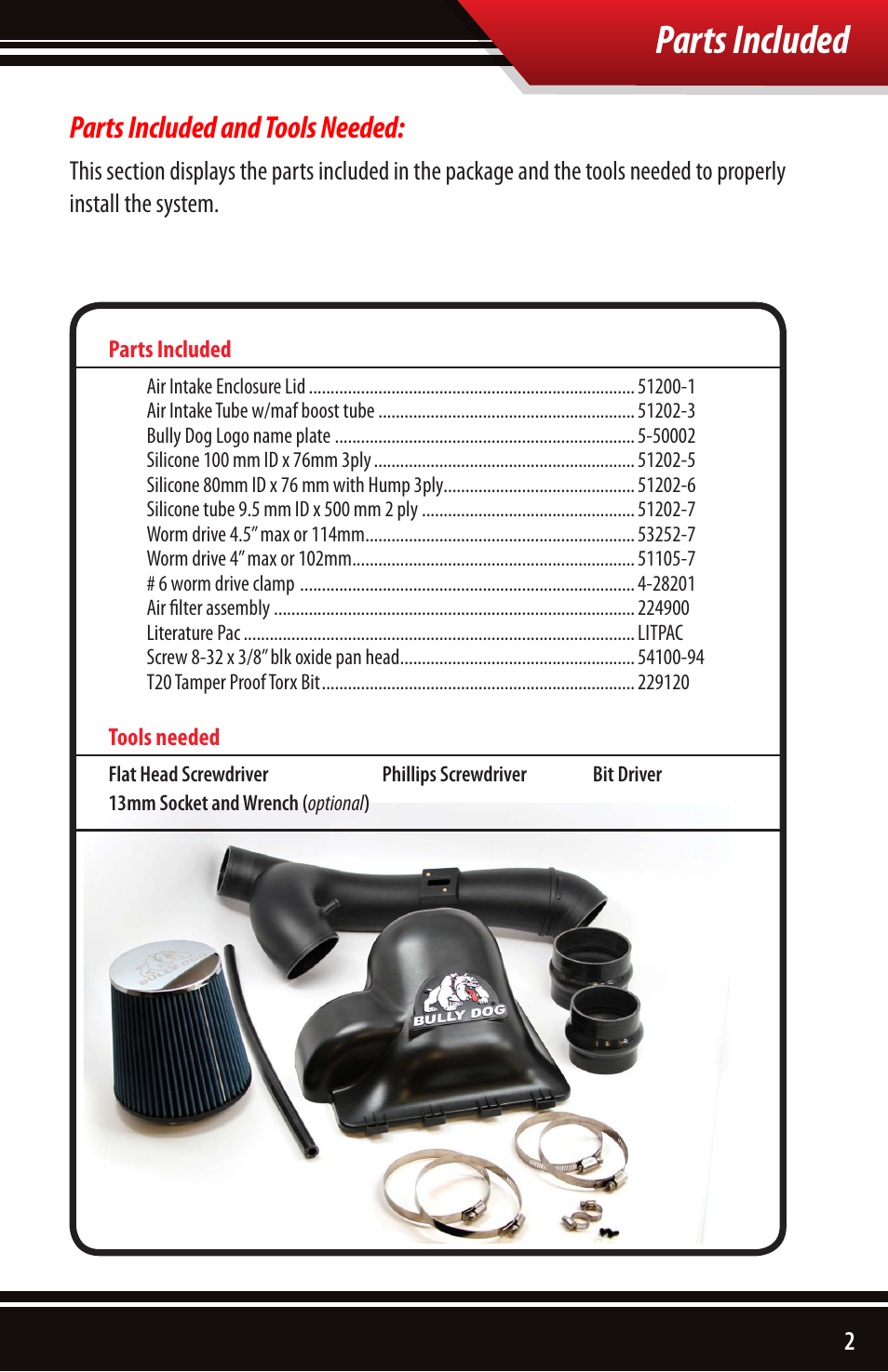 Parts included, Parts included and tools needed | Bully Dog 51202 Rapid Flow Induction (RFI) Cold Air Intake User Manual | Page 3 / 20