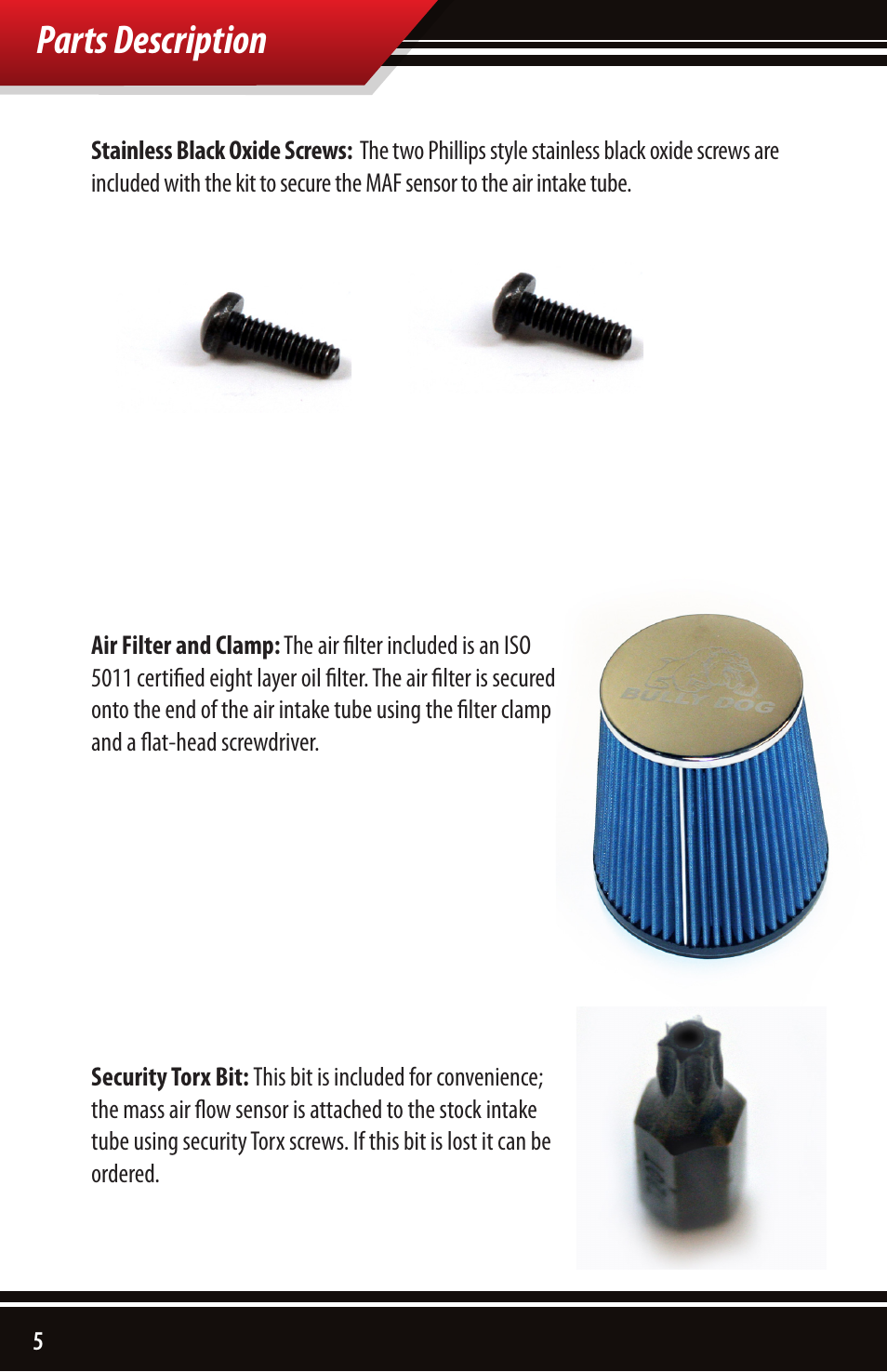 Parts description | Bully Dog 51202 Rapid Flow Induction (RFI) Cold Air Intake User Manual | Page 6 / 20