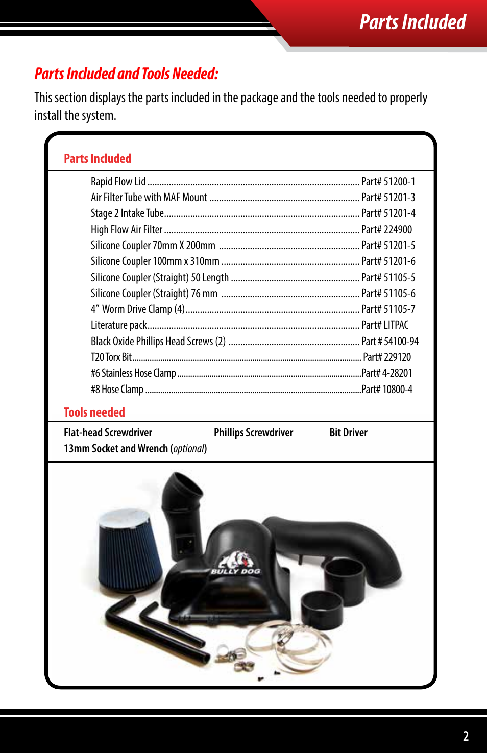 Parts included, Parts included and tools needed | Bully Dog 51201 Rapid Flow Induction (RFI) Cold Air Intake User Manual | Page 3 / 20