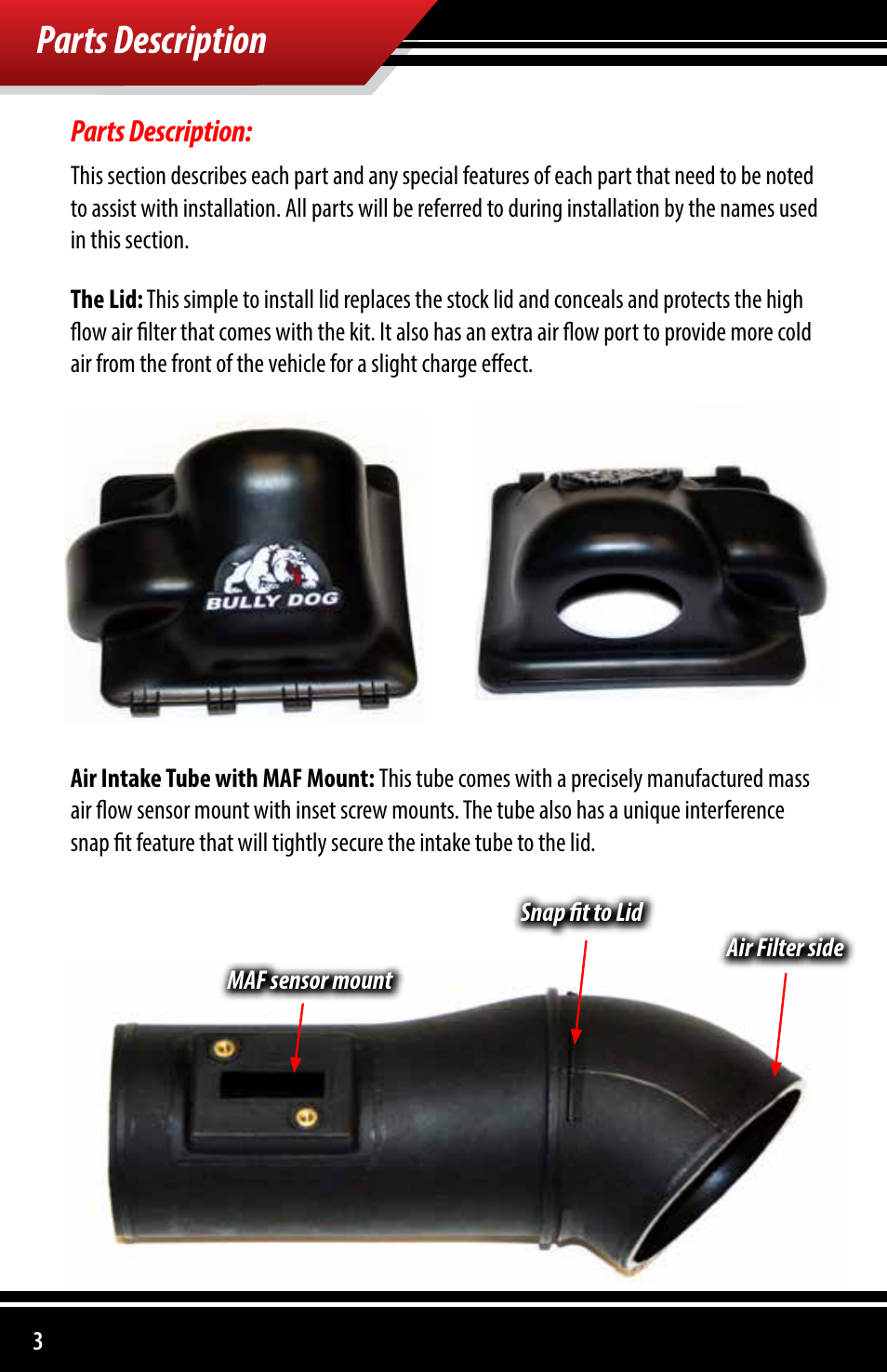 Parts description | Bully Dog 51201 Rapid Flow Induction (RFI) Cold Air Intake User Manual | Page 4 / 20