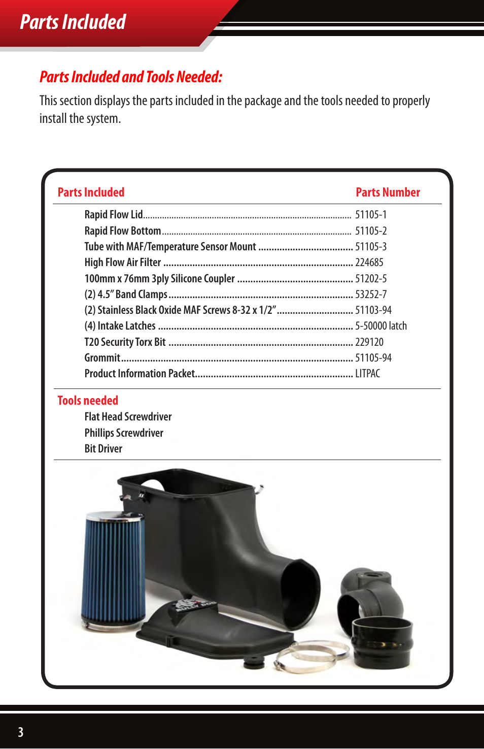 Parts included, Parts included and tools needed | Bully Dog 51105 Rapid Flow Induction (RFI) Cold Air Intake User Manual | Page 4 / 20