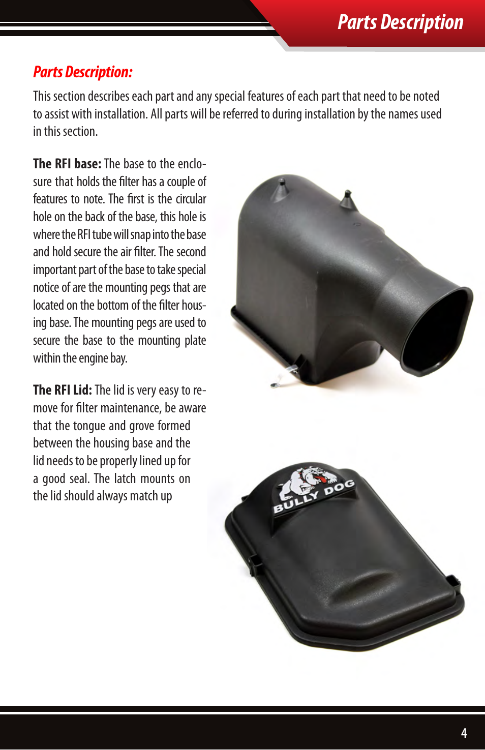 Parts description | Bully Dog 51105 Rapid Flow Induction (RFI) Cold Air Intake User Manual | Page 5 / 20