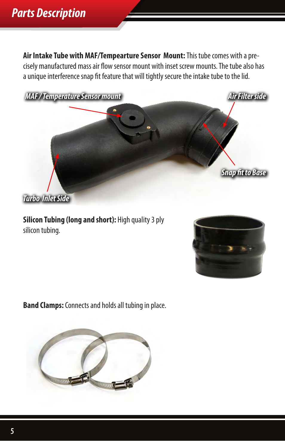 Parts description | Bully Dog 51105 Rapid Flow Induction (RFI) Cold Air Intake User Manual | Page 6 / 20
