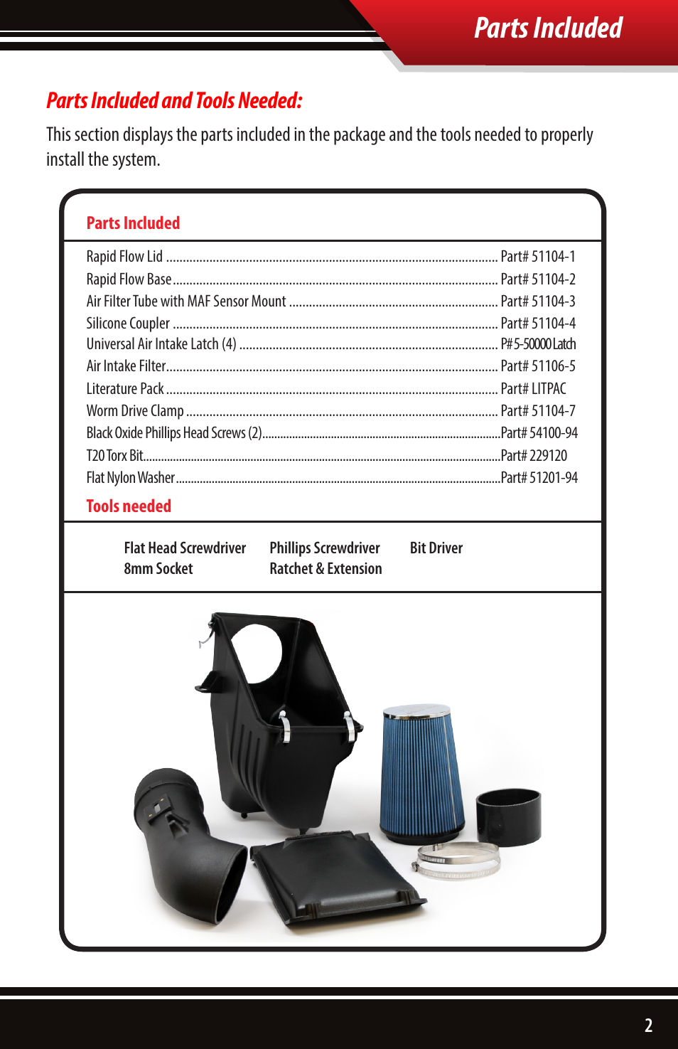 Parts included, Parts included and tools needed | Bully Dog 51104 Rapid Flow Induction (RFI) Cold Air Intake User Manual | Page 3 / 20