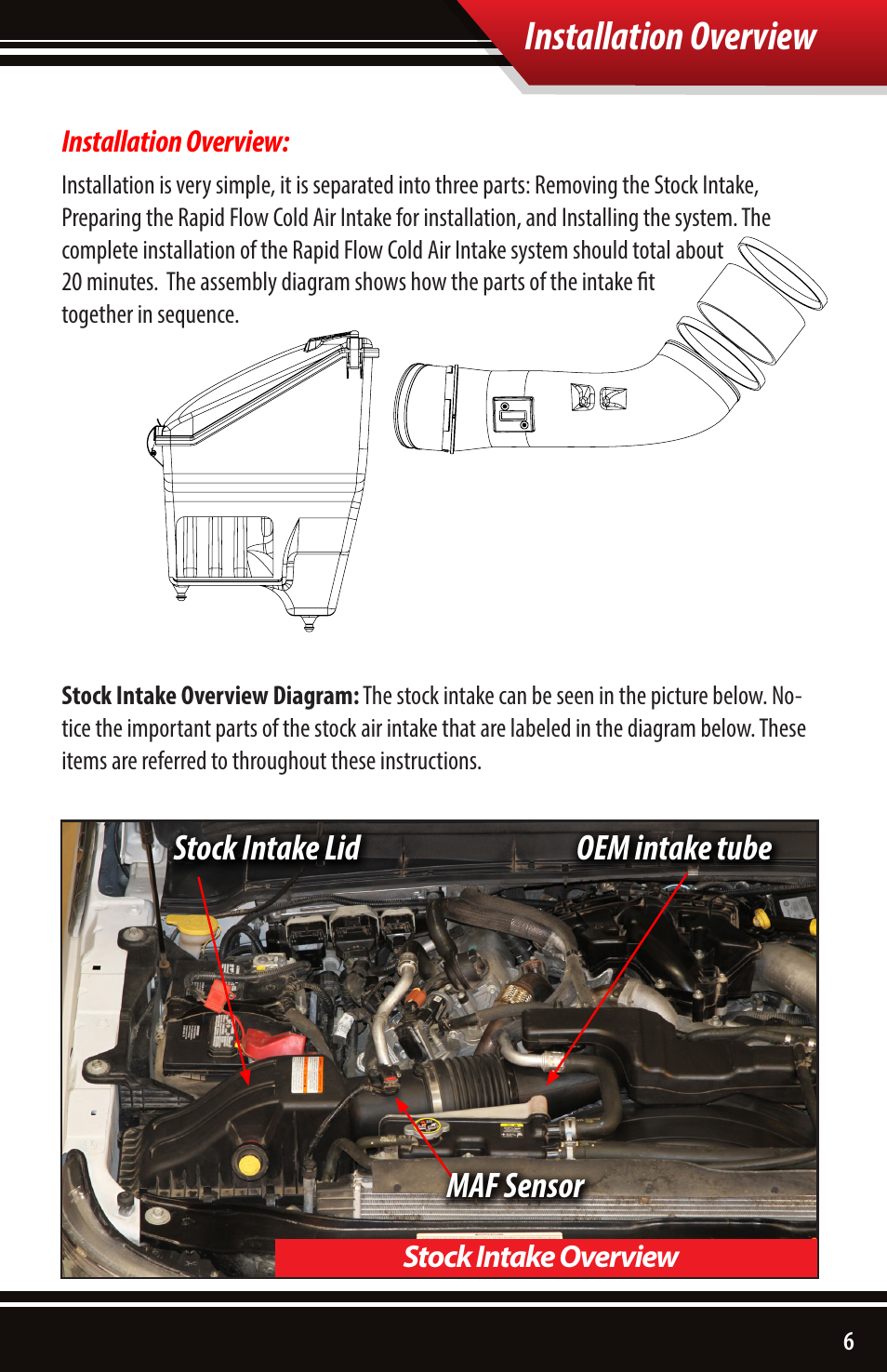 Installation overview, Maf sensor oem intake tube stock intake lid | Bully Dog 51104 Rapid Flow Induction (RFI) Cold Air Intake User Manual | Page 7 / 20