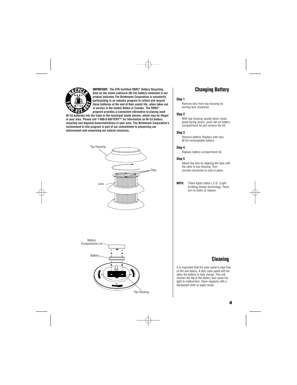 Changing battery, Cleaning | Brinkmann Solar Max 822-2507-8 User Manual | Page 5 / 8