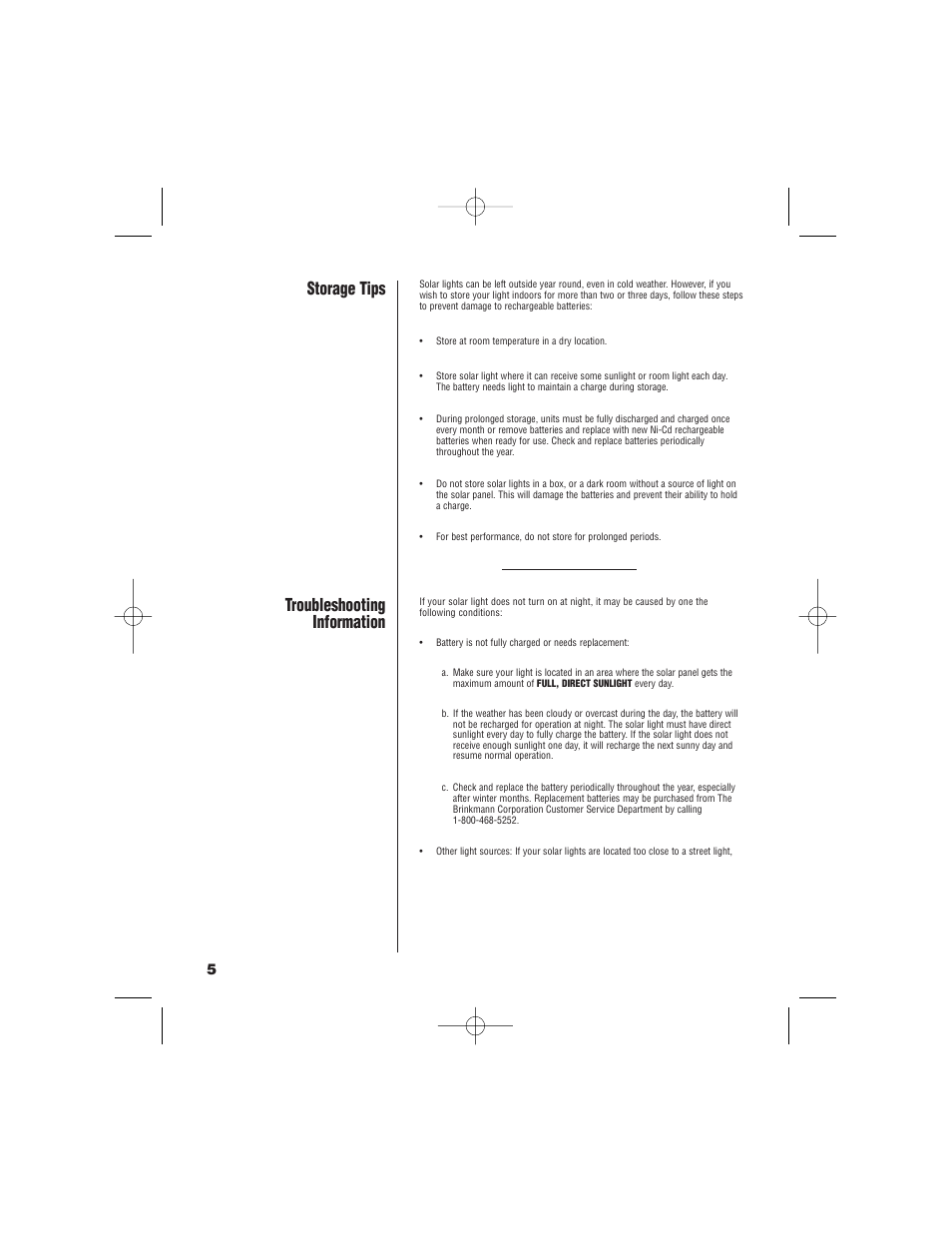 Storage tips, Troubleshooting information | Brinkmann Solar Max 822-2507-8 User Manual | Page 6 / 8