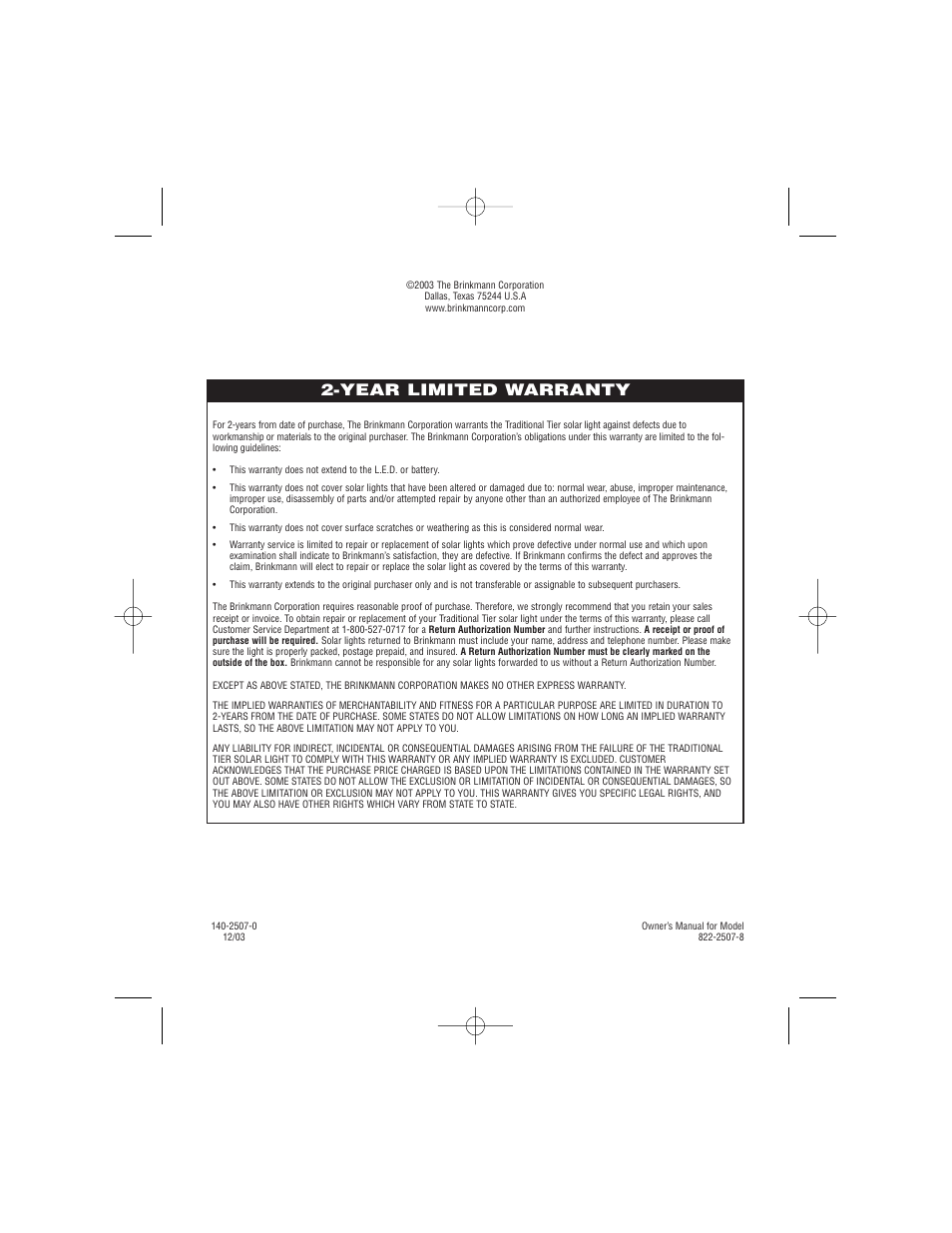 Year limited warranty | Brinkmann Solar Max 822-2507-8 User Manual | Page 8 / 8