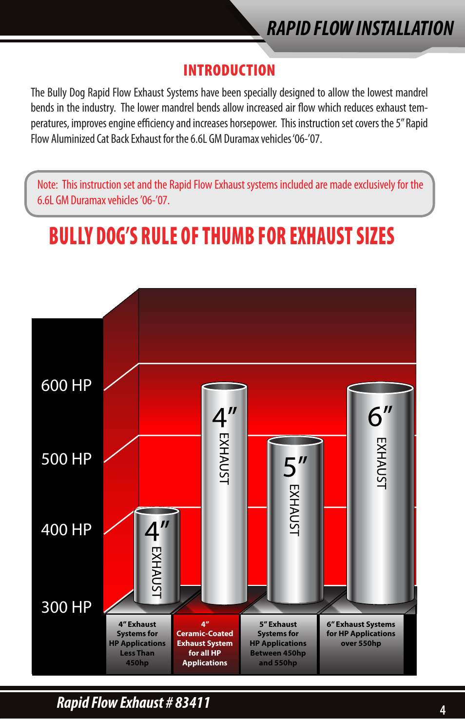 Bully dog’s rule of thumb for exhaust sizes, Rapid flow installation | Bully Dog 83411 Rapid Flow User Manual | Page 3 / 12
