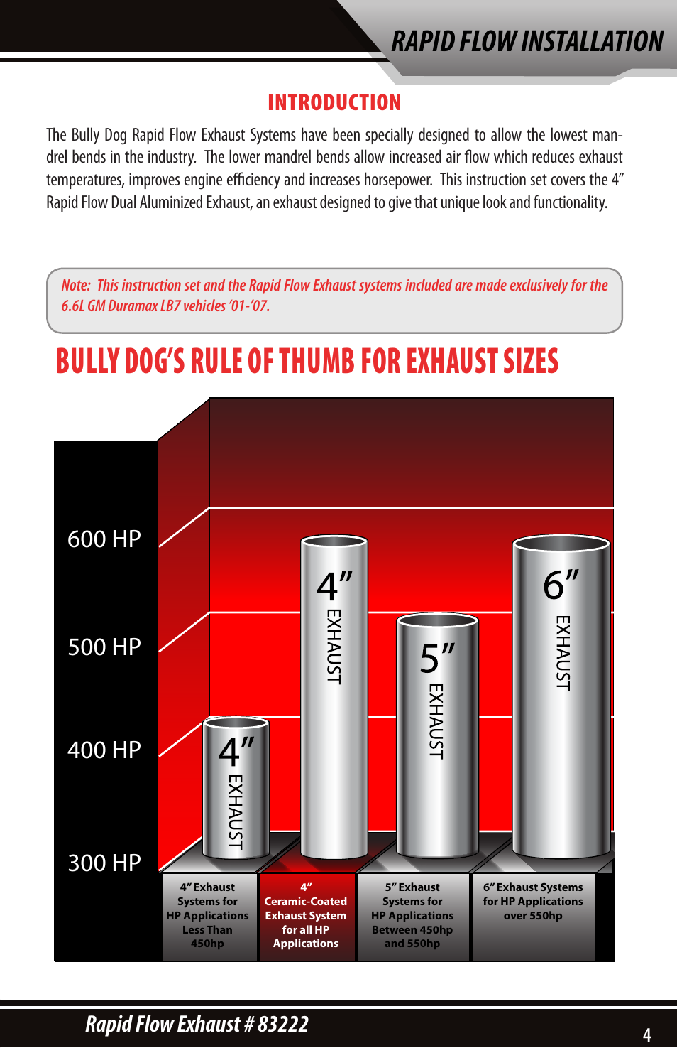 Bully dog’s rule of thumb for exhaust sizes, Rapid flow installation | Bully Dog 83222 Rapid Flow User Manual | Page 3 / 12