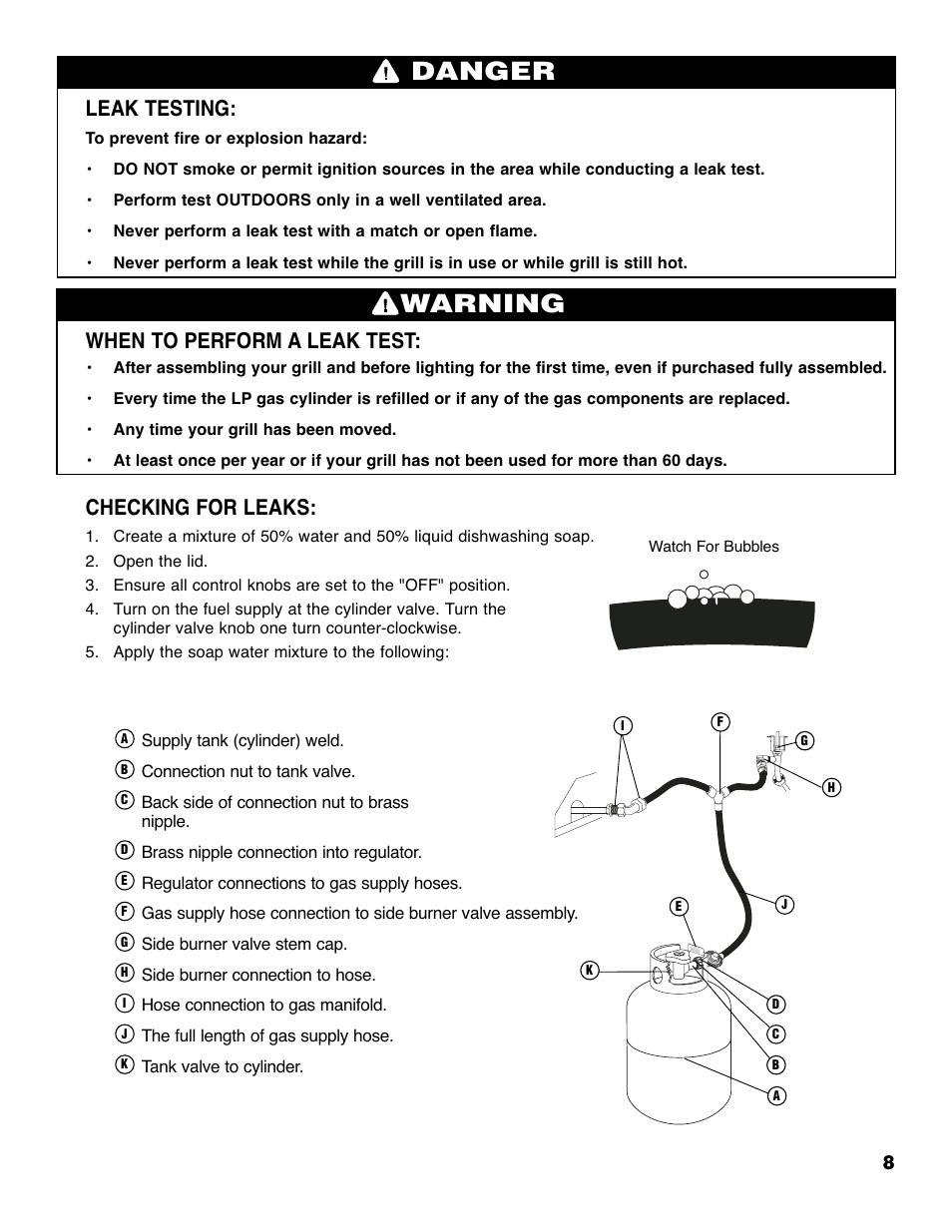 Warning, Danger, Leak testing | When to perform a leak test, Checking for leaks | Brinkmann 2235 User Manual | Page 10 / 36