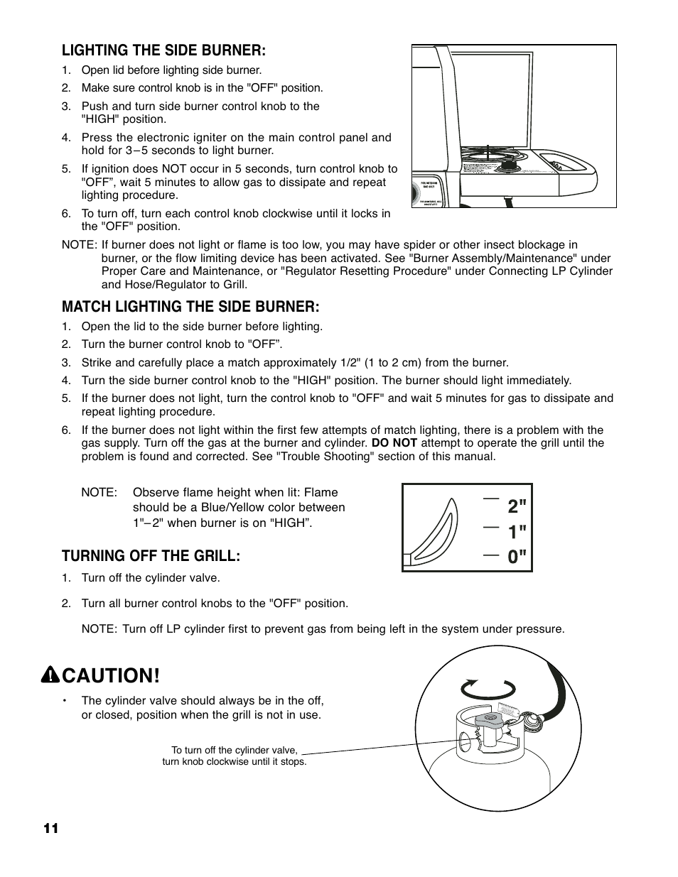 Caution, Lighting the side burner, Match lighting the side burner | Turning off the grill | Brinkmann 2235 User Manual | Page 13 / 36