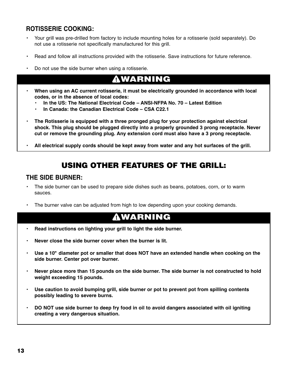 Warning, Using other features of the grill, Rotisserie cooking | The side burner | Brinkmann 2235 User Manual | Page 15 / 36