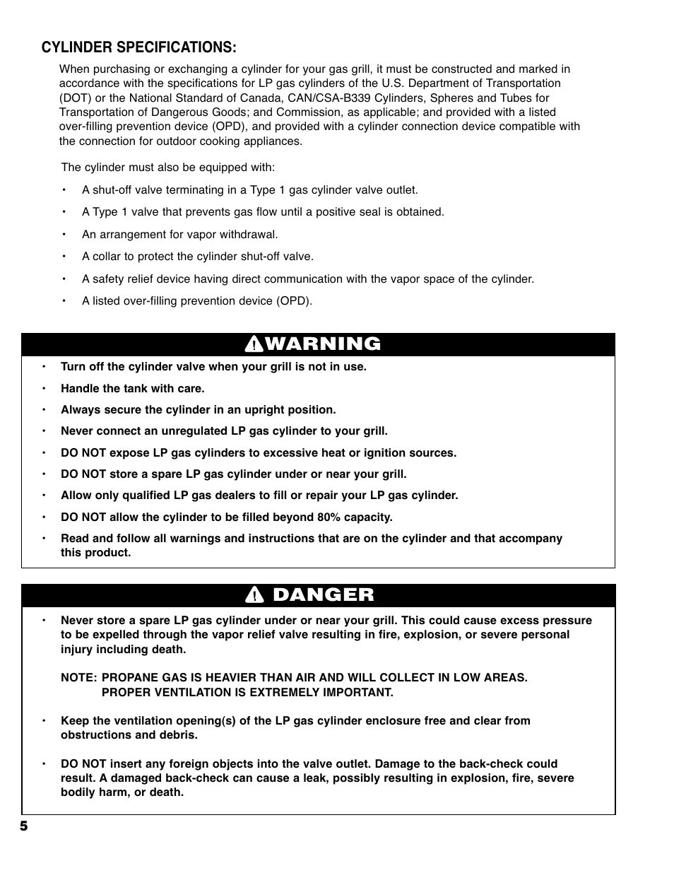 Warning danger, Cylinder specifications | Brinkmann 2235 User Manual | Page 7 / 36