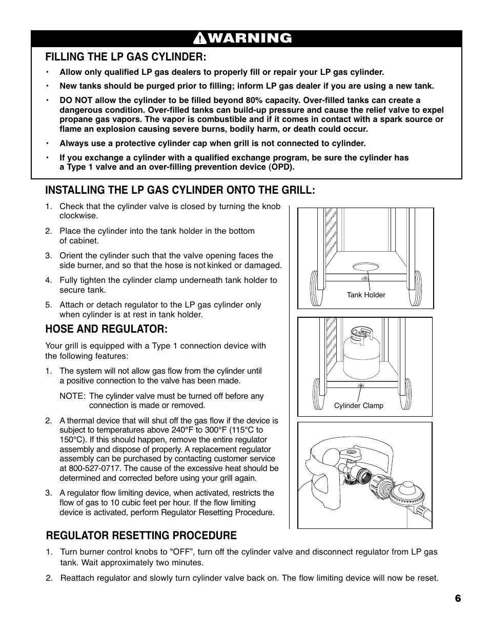 Warning, Filling the lp gas cylinder, Installing the lp gas cylinder onto the grill | Hose and regulator, Regulator resetting procedure | Brinkmann 2235 User Manual | Page 8 / 36
