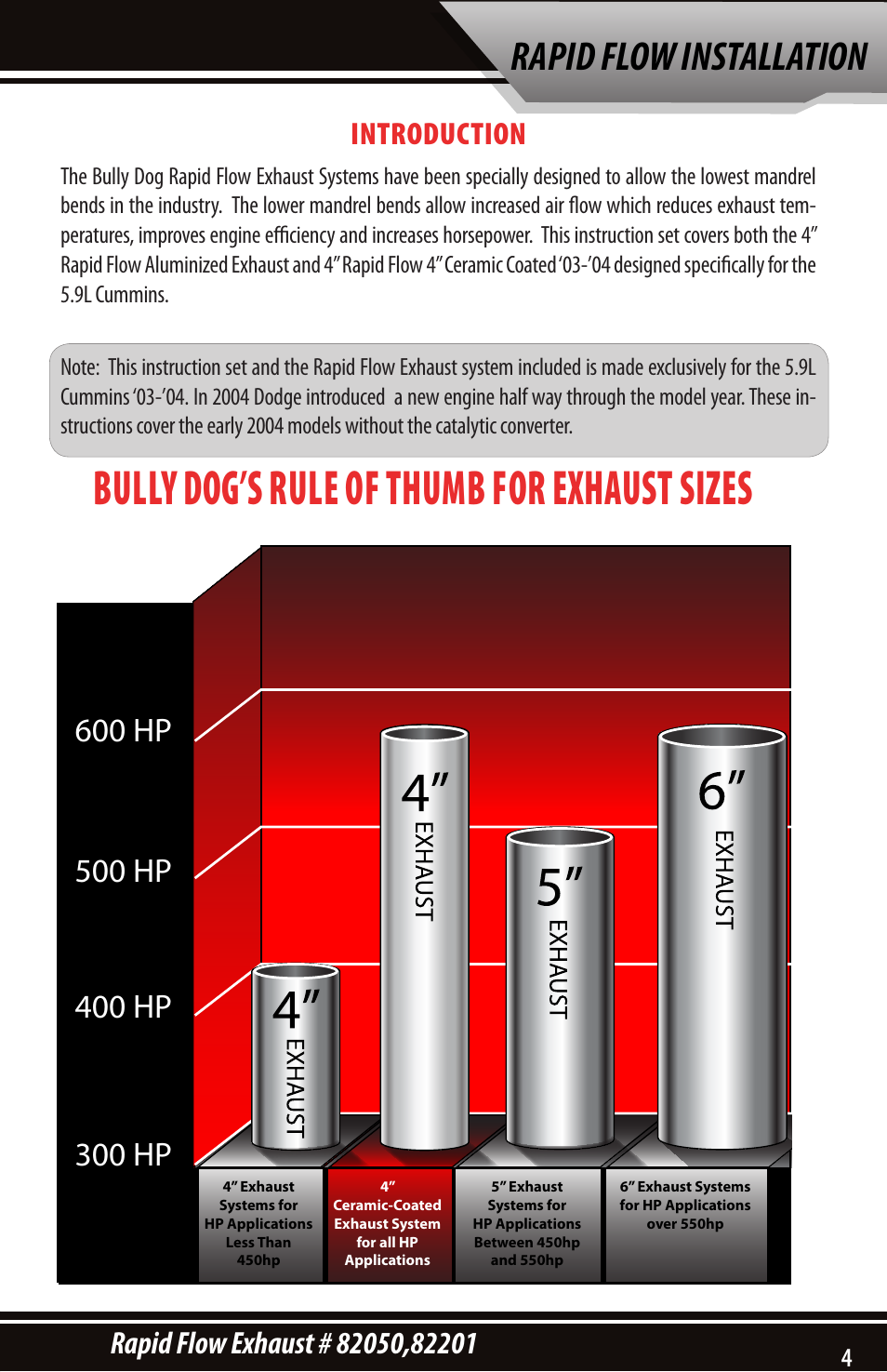 Bully dog’s rule of thumb for exhaust sizes, Rapid flow installation | Bully Dog 82201 Rapid Flow User Manual | Page 3 / 12