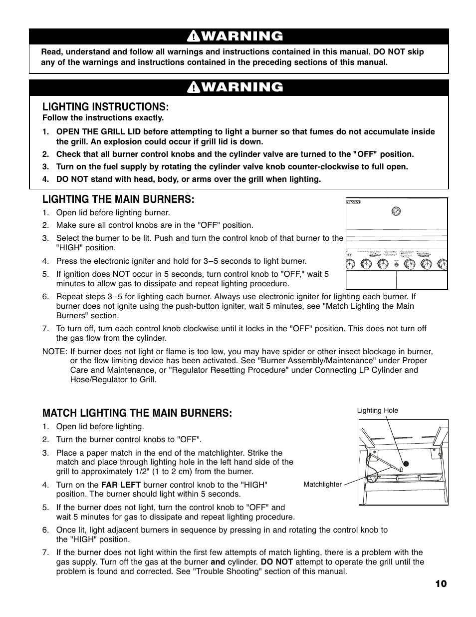 Warning, Lighting instructions, Lighting the main burners | Match lighting the main burners | Brinkmann Series 4615 User Manual | Page 11 / 32