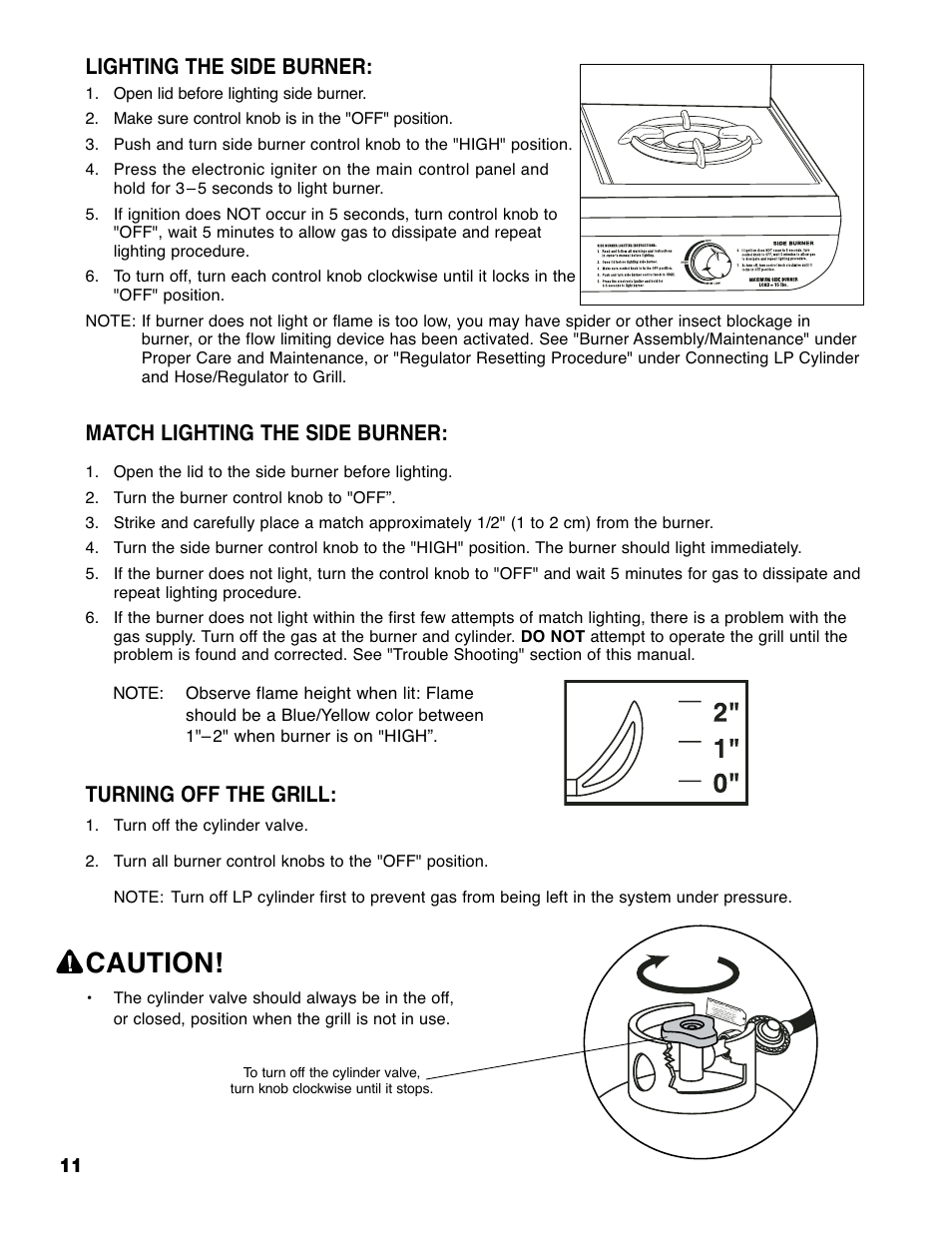Caution, Lighting the side burner, Match lighting the side burner | Turning off the grill | Brinkmann Series 4615 User Manual | Page 12 / 32