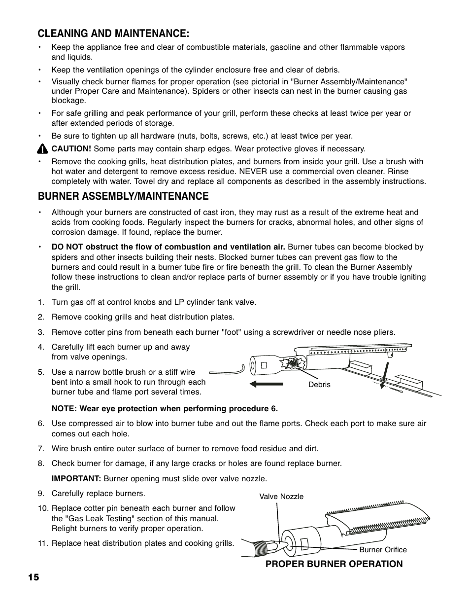 Burner assembly/maintenance, Cleaning and maintenance | Brinkmann Series 4615 User Manual | Page 16 / 32