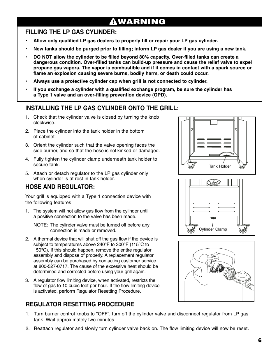 Warning, Filling the lp gas cylinder, Installing the lp gas cylinder onto the grill | Hose and regulator, Regulator resetting procedure | Brinkmann Series 4615 User Manual | Page 7 / 32