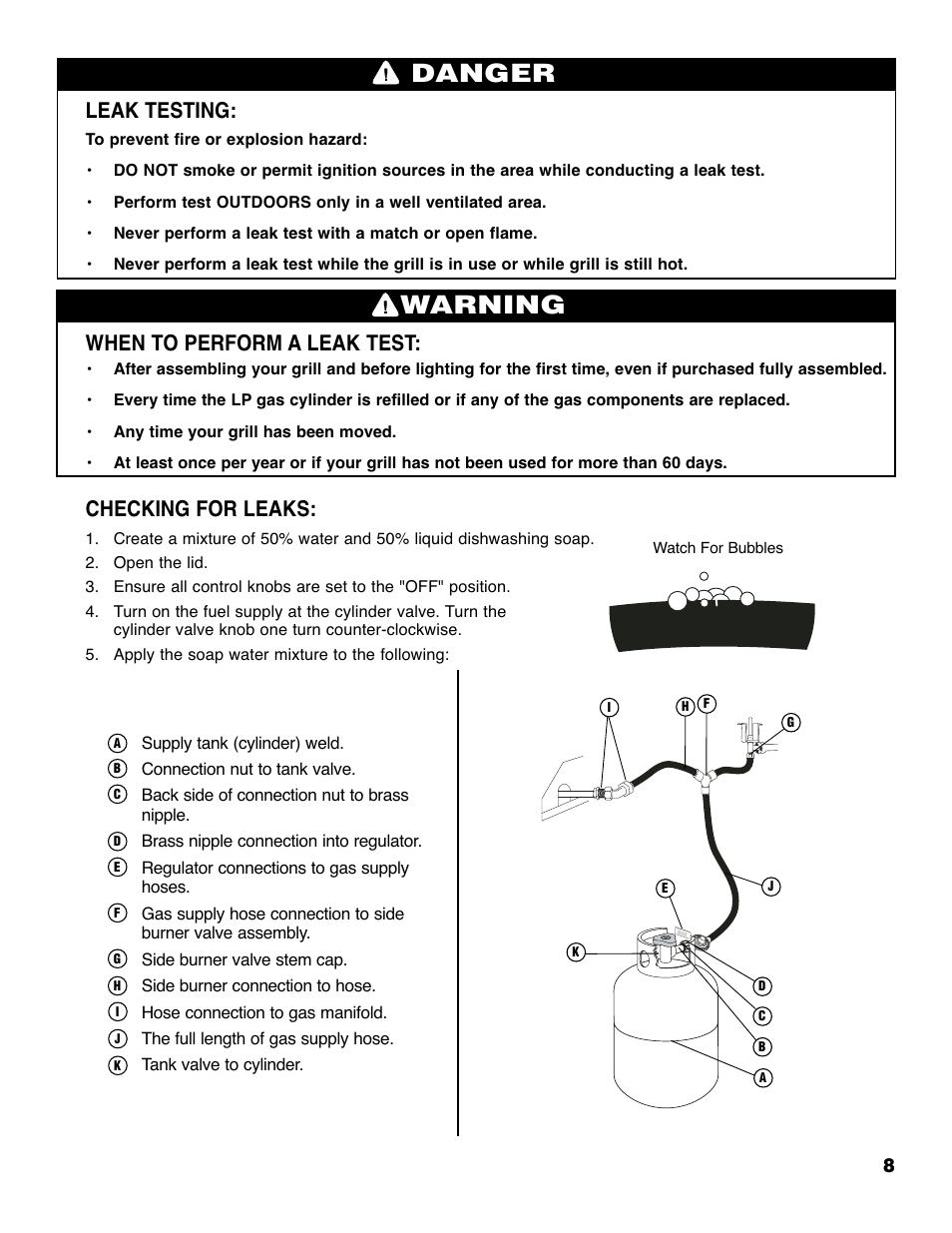 Warning, Danger, Leak testing | When to perform a leak test, Checking for leaks | Brinkmann Series 4615 User Manual | Page 9 / 32