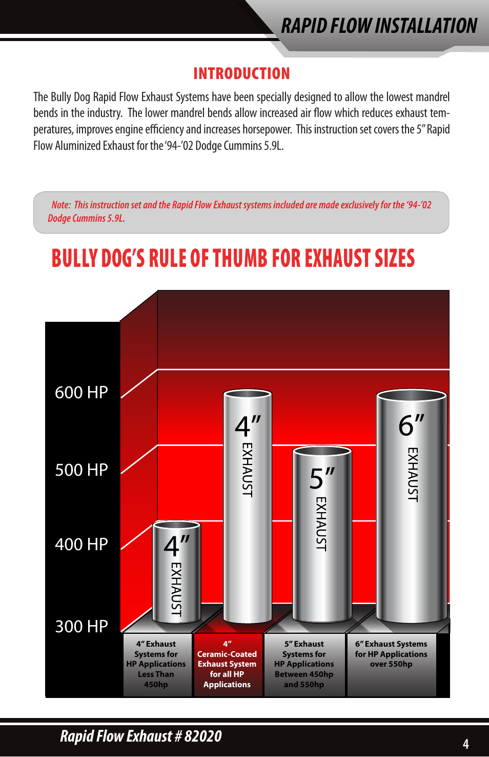 Bully dog’s rule of thumb for exhaust sizes, Rapid flow installation | Bully Dog 82020 Rapid Flow User Manual | Page 3 / 12