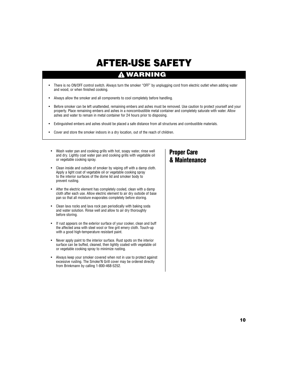 After-use safety, Proper care & maintenance, Warning | Brinkmann Electric Smoker User Manual | Page 11 / 12