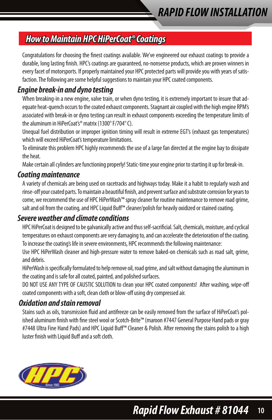 How to maintain hpc hipercoat® coatings | Bully Dog 81202 Rapid Flow User Manual | Page 11 / 12