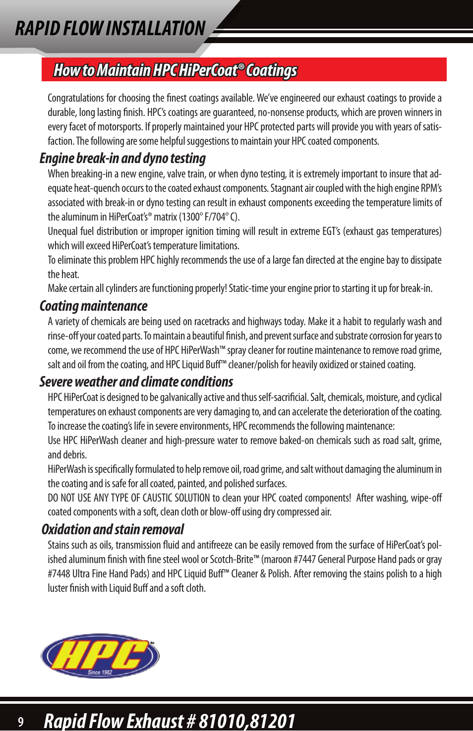 How to maintain hpc hipercoat® coatings | Bully Dog 81201 Rapid Flow User Manual | Page 10 / 12