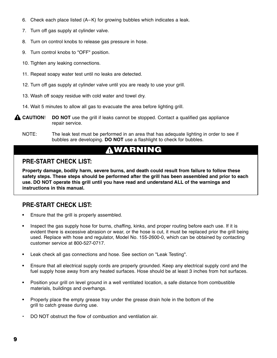 Warning, Pre-start check list | Brinkmann Series 4445 User Manual | Page 10 / 36