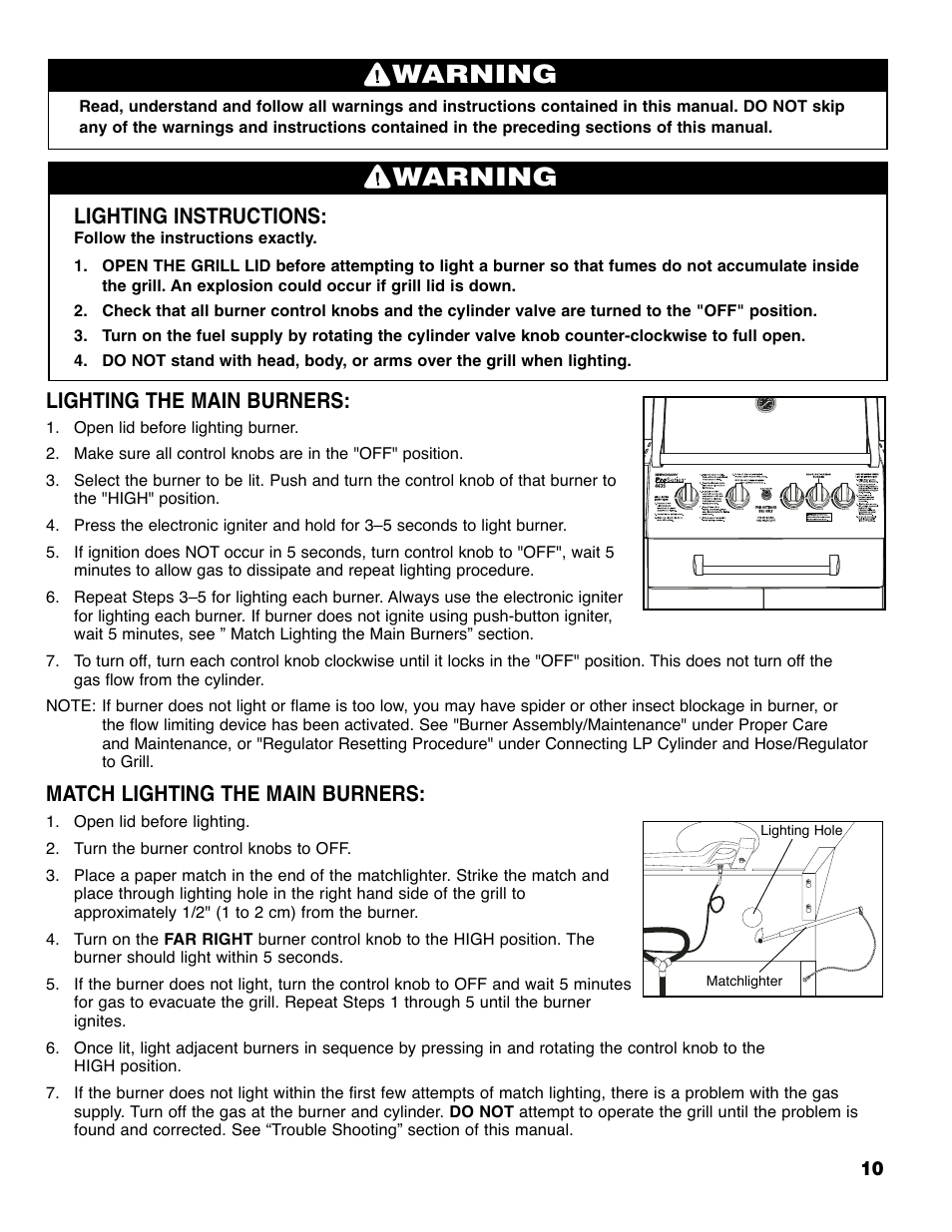 Warning, Lighting instructions, Lighting the main burners | Match lighting the main burners | Brinkmann Series 4445 User Manual | Page 11 / 36