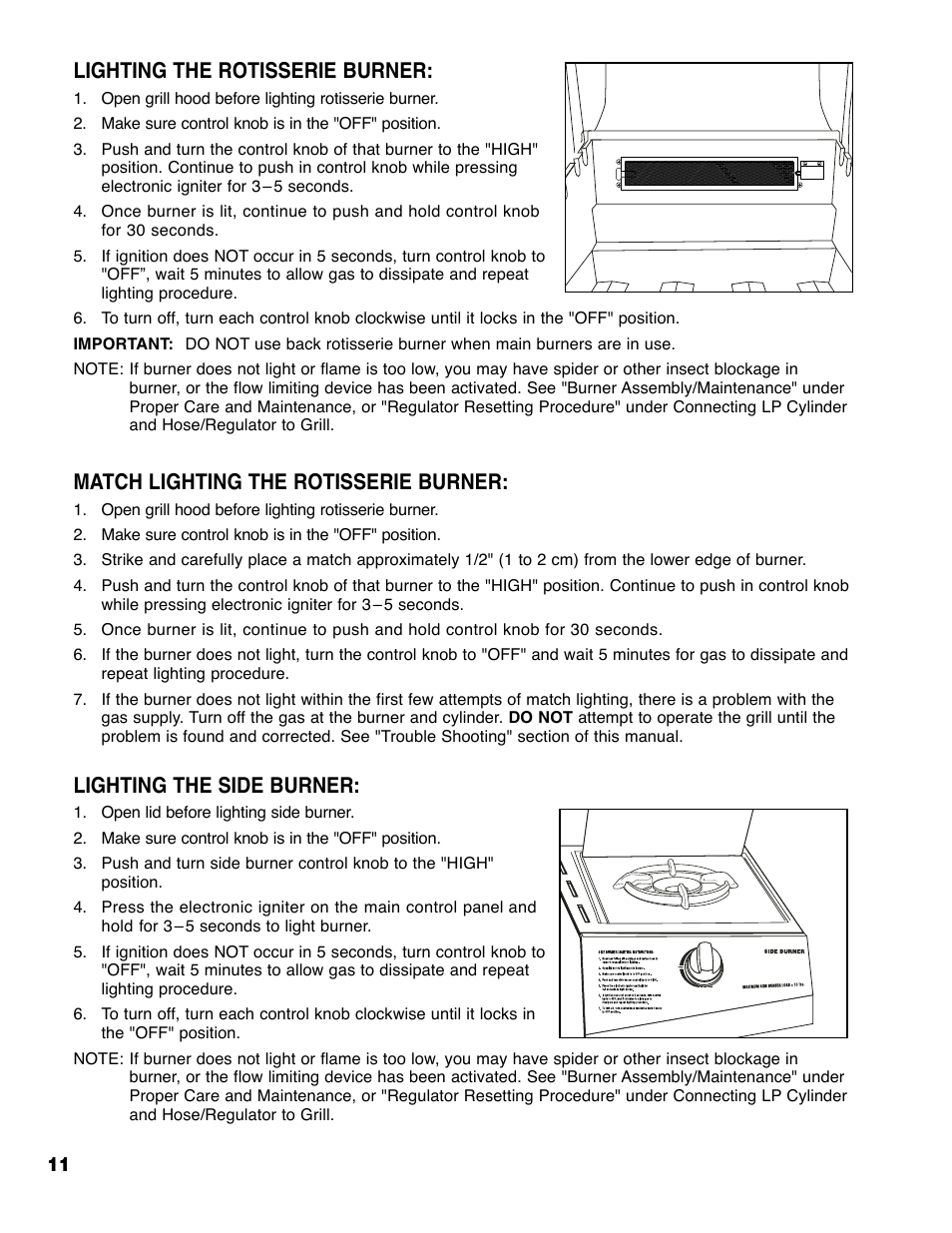Lighting the rotisserie burner, Match lighting the rotisserie burner, Lighting the side burner | Brinkmann Series 4445 User Manual | Page 12 / 36