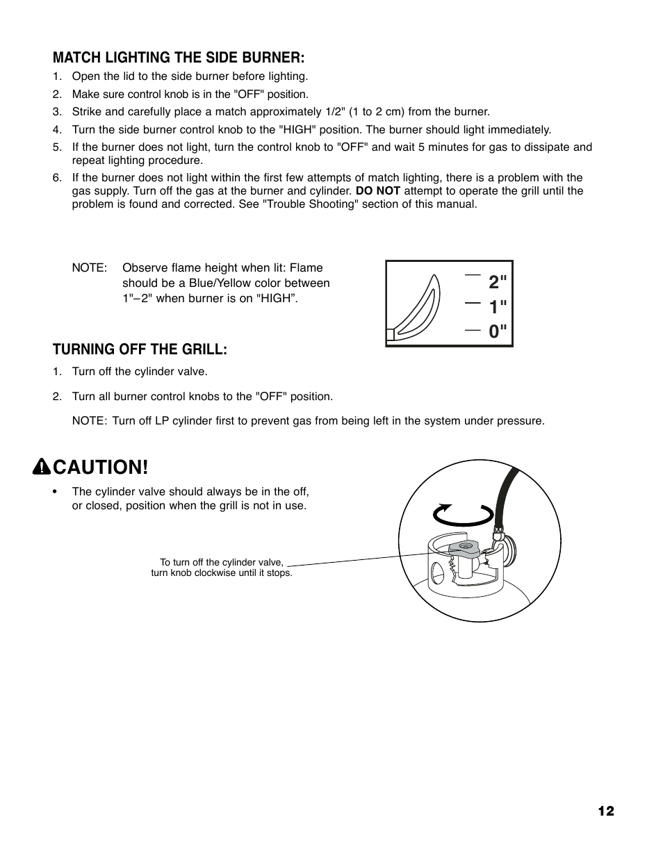 Caution, Match lighting the side burner, Turning off the grill | Brinkmann Series 4445 User Manual | Page 13 / 36